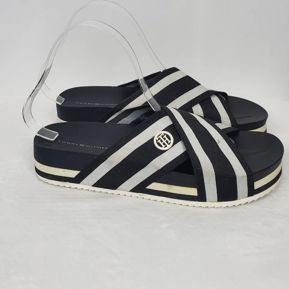 Tommy Hilfiger Black and White Striped Sandals 7.5